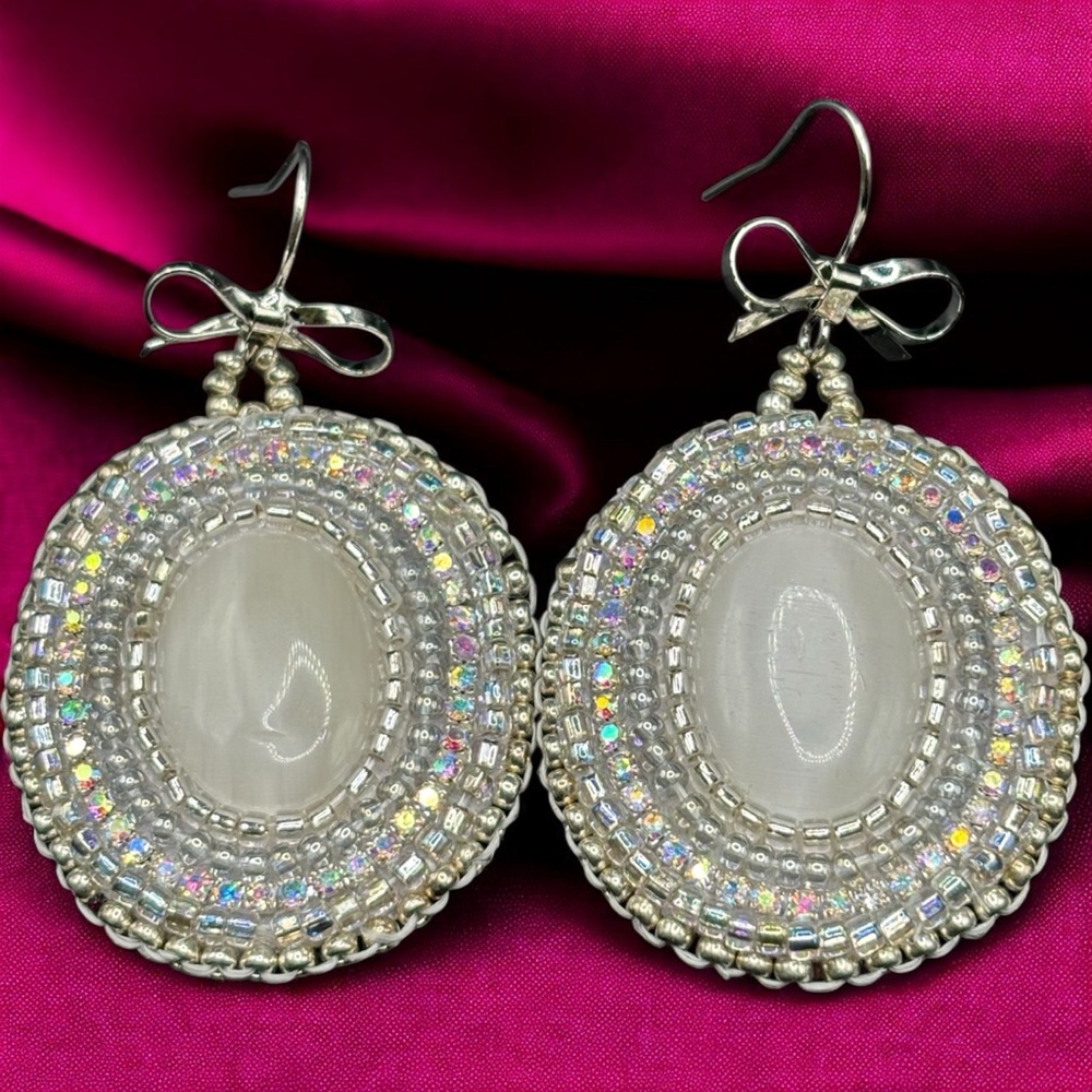 Handmade Beaded Earrings with Oval Center, Rhinestones & Glitter Back